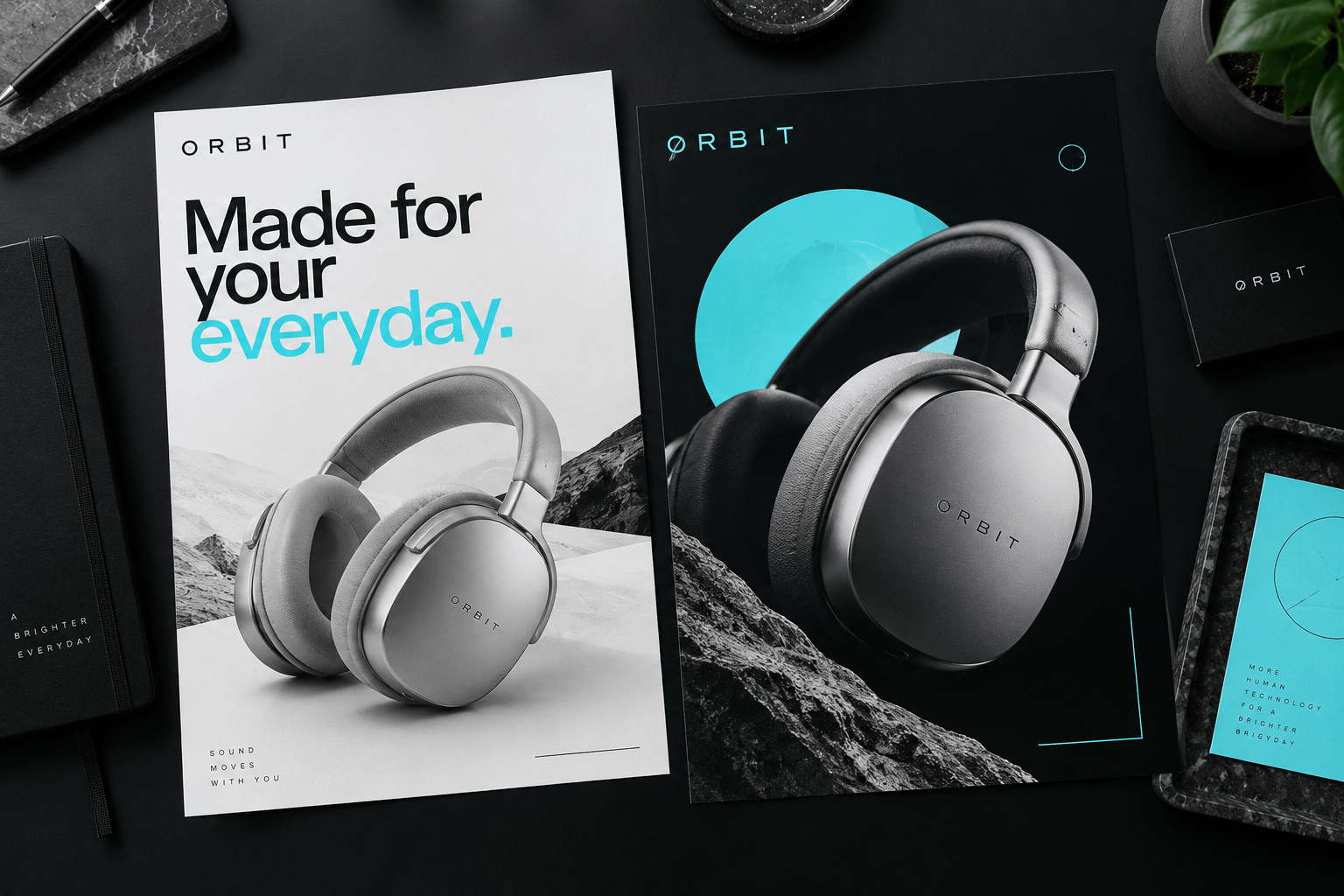Concept ORBIT campaign featuring silver headphones and coordinated cyan and black social media designs
